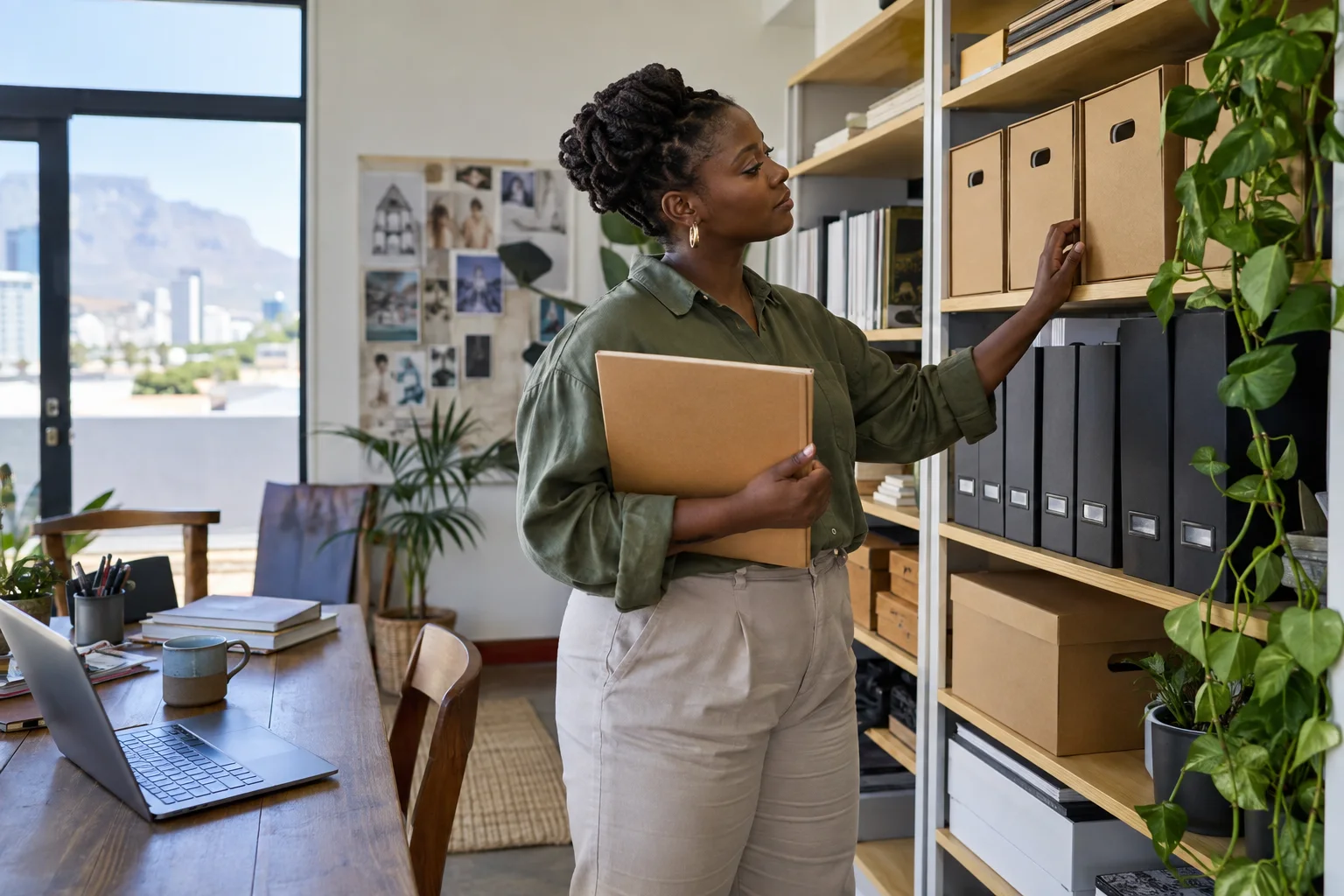 An independent business owner checking an organised shelf of labelled-free project boxes and folders