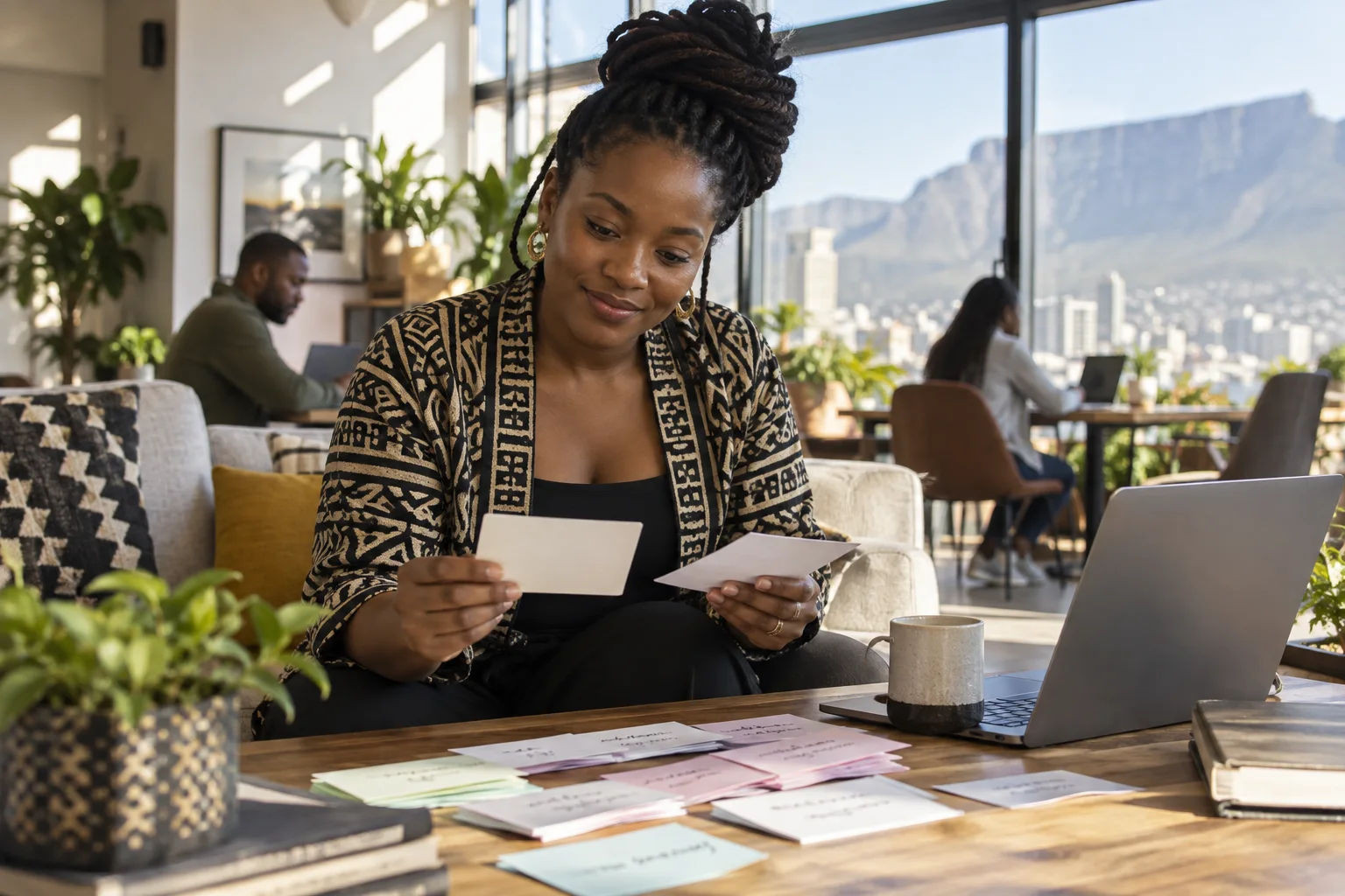 South African entrepreneur reviewing customer feedback cards in a sunny coworking lounge