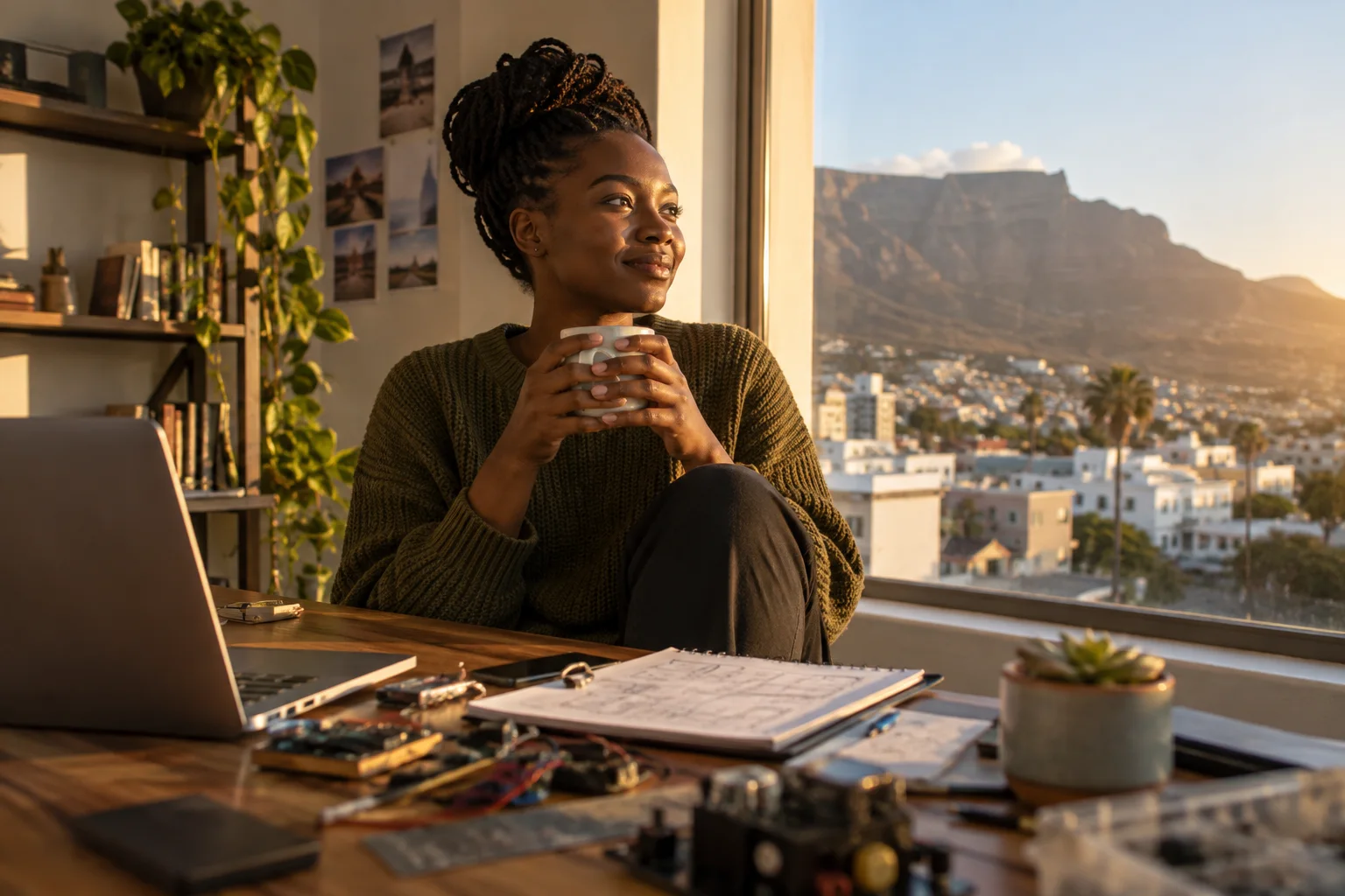 A confident solo founder taking a quiet moment beside a window after finishing a prototype, golden late light