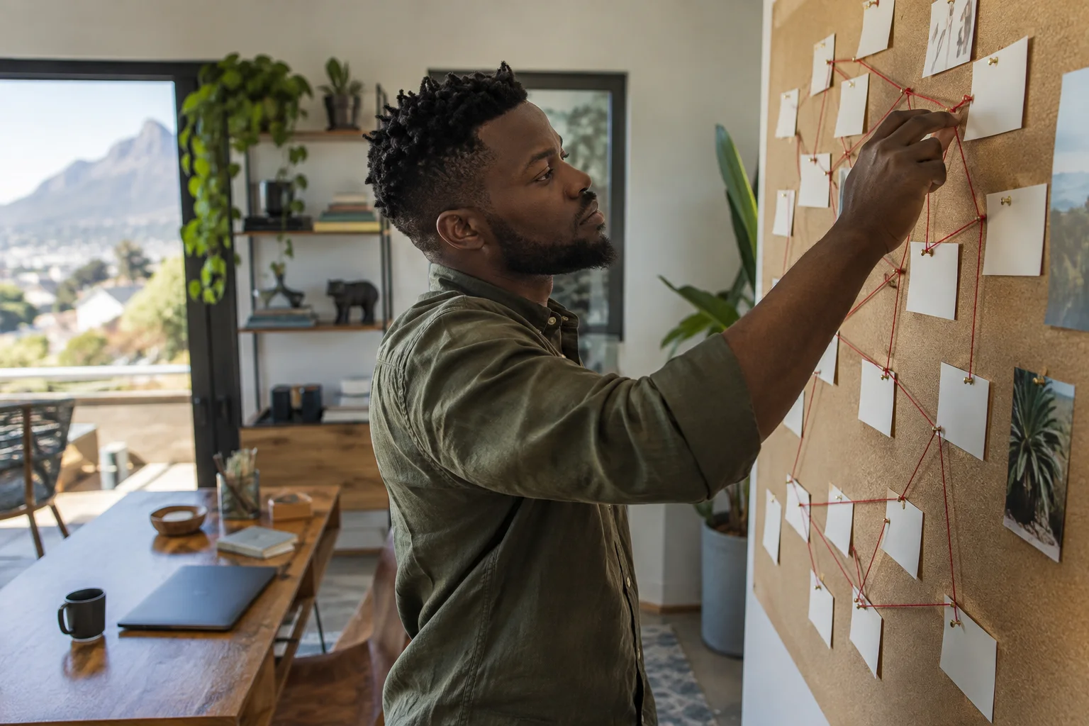 A solo founder mapping a repeatable workflow on a real pinboard with unlabelled cards and thread