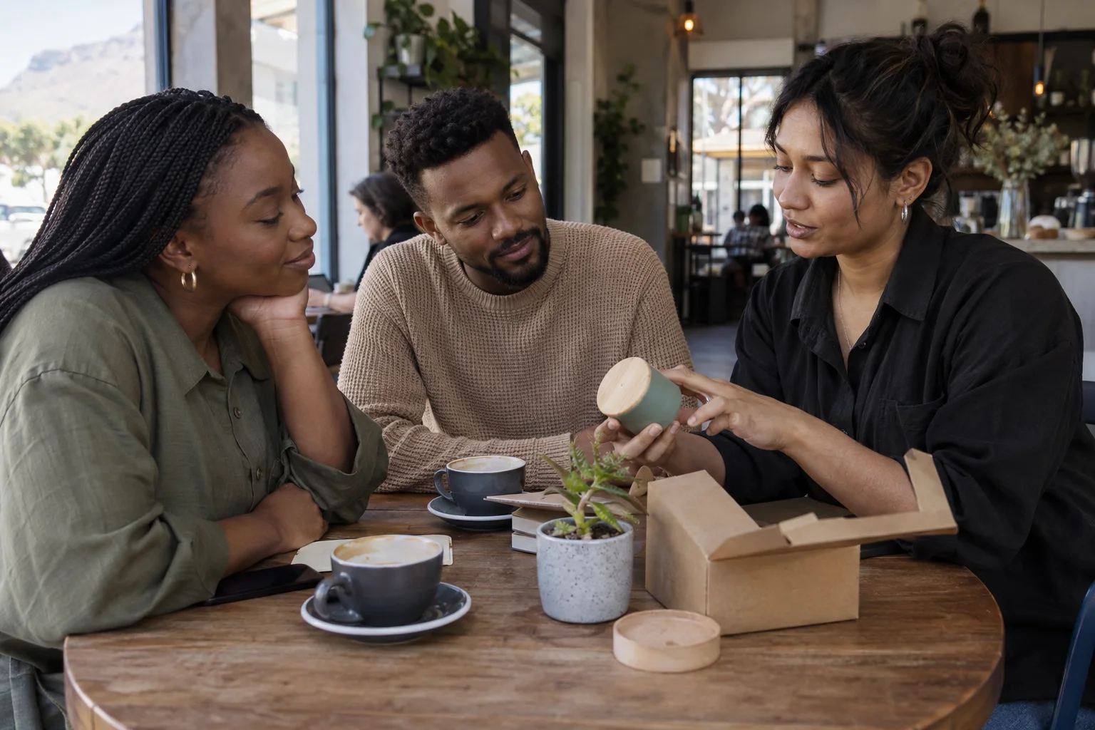 A founder testing a small product concept with two customers around a cafe table, friendly attentive expressions
